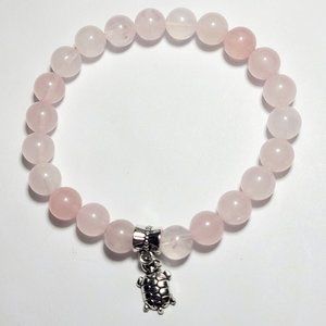 Natural Rose Quartz w/Turtle Charm Crystal Beaded Bracelet 8mm 8"